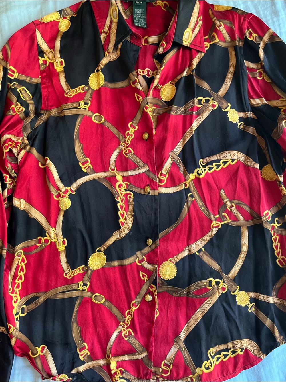 Ralph Lauren silk equestrian print red black gold button up shirt